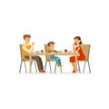 Catholic family praying before meal. Father, mother and son sitting at dining table. Cartoon character of man, woman and