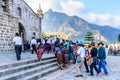 Catholic locals enter church for New Year`s Eve mass, San Juan la Laguna, Lake Atitlan, Guatemala