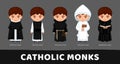 Catholic monks. Carthusians, Franciscans, Cistercians, Benedictines and Dominicans. Set of cartoon characters.