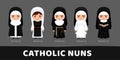 Catholic nuns. Carthusians, Franciscans, Cistercians, Benedictines, Dominicans. Set of cartoon characters.