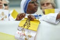 Catholic nuns sing, hold rosaries and Vatican flags while waiting for Pope Francis to come in his first visit in Romania Royalty Free Stock Photo