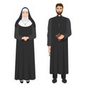 Catholic priest and nun. Realistic vector illustration.