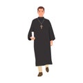 Catholic priest. Pastor reads prayer, holds cross, bible and gospel, bless parishioners Royalty Free Stock Photo