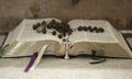 Catholic Rosary on open Bible.