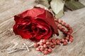 Catholic rosary and red rose