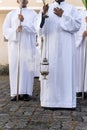 Catholic seminarians are seen with a cross and incense during an open-air Mass on Palm Sunday Royalty Free Stock Photo