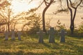 Stone crosses at sunset in German military cemetery, Europe Royalty Free Stock Photo