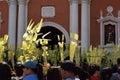 Catholics waving coconut palm leaves in celebrating Palm Sunday before Easter, Church tower background, The feast commemorates Jes