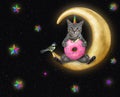 Caticorn gray sits on moon with donut