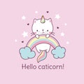 Caticorn poster. Cat unicorn on rainbow, fairy kitten t-shirt kawaii print. Cute funny magic character, sweet baby