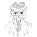 Catman boss in a suit. A hybrid of man and cat Zen Tangle. Portrait of a businesslike person in hat and glasses.