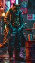 Catman, a portrait of the cyberpunk Catman standing in front of a cafe.