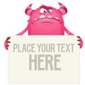 Catoon monster holding blank sign with sample message on it. Vector illustration isolated