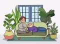 Love couple doing various activities on sofa indoors