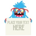 Catoon monster holding blank sign with sample message on it. Vector illustration isolated Royalty Free Stock Photo