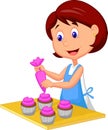 Catoon woman with apron decorating cupcakes