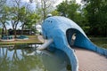 The famous road side attraction Blue Whale of Catoosa along historic Route 66 - back view of the