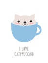 Catppuccino. Lovely Vector Illustration with Cute Baby Cat in a Blue Cup.