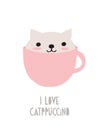 Catppuccino. Lovely Vector Illustration with Cute Baby Cat in a Pink Cup.