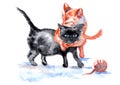 Watercolor Black and ginger kittens playing painting