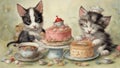 cats and cake A humorous depiction of a cat and kitten dozing off after a wild tea birthday party, with tiny hats askew, and cake