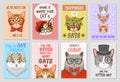 Cats cards. Cartoon cute kittens, lovly pats. Funny cat motivation hand drawn posters vector set