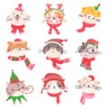 Cats christmas faces in holiday outfits. Cat avatars in santa hats and scarves. Xmas childish stickers, winter funny