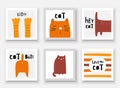 Cats collections. Cards, postcards, tags with kittens, paws, butt, tail, face, abstract elements.