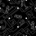 Cats. Continuous Line Drawing. Seamless Pattern. Print. The Effect Of The Chalk Board. Black Polka Dot Background