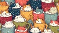Cats cozy in festive mugs with snowflakes Royalty Free Stock Photo
