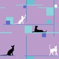 Cats in different poses, silhouettes. Seamless pattern. The cat lies, sits, stretches its back, hisses, plays, walks. Graceful