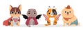 Cats and dogs in costumes for Halloween. Set of cute isolated baby bulldog, scottish fold cat, spitz. Flat vector Royalty Free Stock Photo