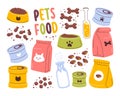 Cats dogs dry and wet food, drinks in different packs, packets and bottles set vector illustration Royalty Free Stock Photo