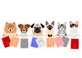 Cats and dogs holding paper bags in a row