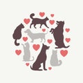 Cats and dogs vector silhouette round composition Royalty Free Stock Photo