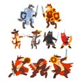 Cats and dogs warriors fighting set, knights, ninjas, gladiators characters in armor with swords vector Illustration on Royalty Free Stock Photo