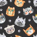 Cats Face and Avatars as Funny Kitten Muzzle Vector Seamless Pattern