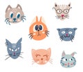 Cats face set. Cartoon cat or kitty characters design collection. Adorable Funny pet animals. Perfect for kids design, fabric, Royalty Free Stock Photo