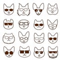 Cats faces with glasses set