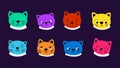 Cats faces. Kitten emotional face, cat avatars with big cartoon eyes. Abstract color animal with ears, modern neon Royalty Free Stock Photo