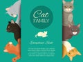 Cats family show banner grooming or veterinary feline flyer vector illustration. Cute kitten pet poster. Funny animal