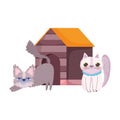 Cats feline cartoon with wooden house pets