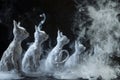Cats figures swirling mis, unique whimsical artwork with white smoke