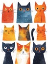 9 cats, funky cats, illustration, white background, nine cat, happy and sympathetic charisma