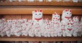 Cats, Gotokuji and temple of manekineko in Japan for luck, success and gratitude outdoor on wooden furniture. Sculpture