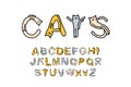 Cats hand drawn font type in cartoon comic style with domestic animals