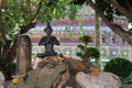 Cats have a rest near the sculpture of a meditating person in the territory of a Buddhist monastery