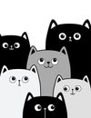 Cats kittens family. Black gray white cat face head set. Contour line doodle. Cute cartoon funny character. Pet baby collection.