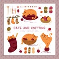 Cats and knitting flat vector illustration set Royalty Free Stock Photo