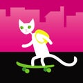 Cats life. The ÃÂartoon white cat with a yellow backpack run around the city on a skateboard.